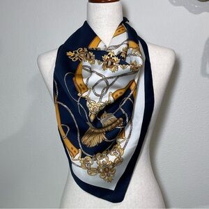 Navy, Gold & White Equestrian Tassel Silky Scarf